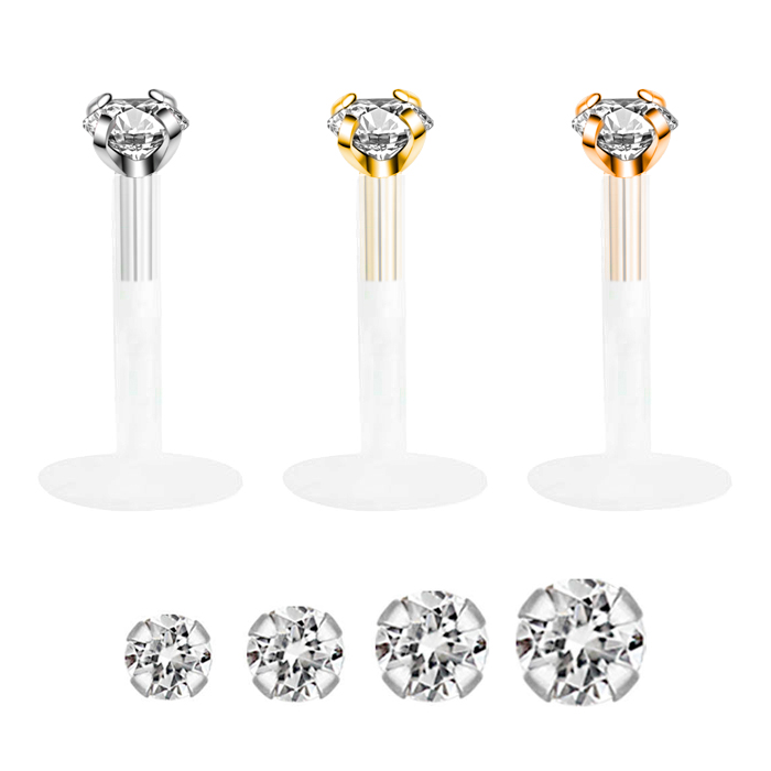 Labret z 14-karatowego złota z okrągłym kamieniem i prętem z ptfe