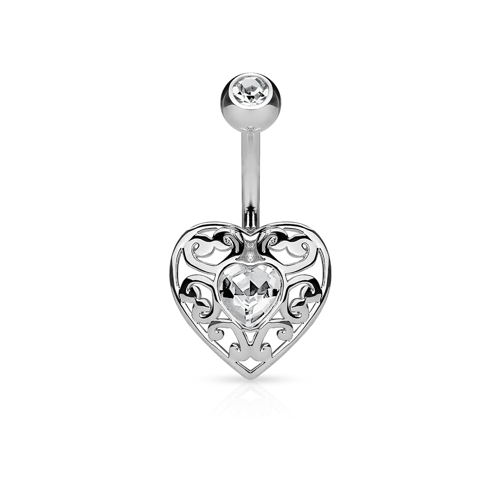 Kolczyk do pępka w kształcie serca z kryształkowym sercem w środku